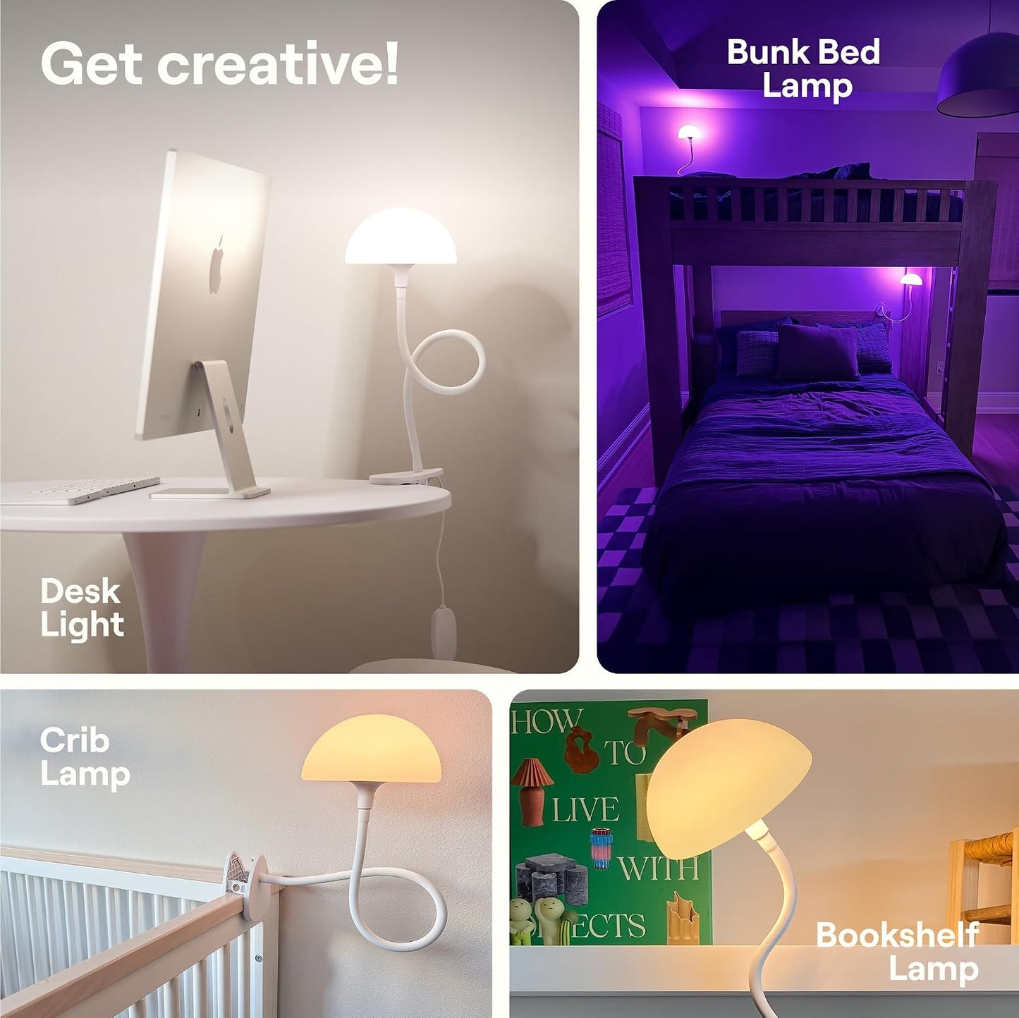 Shroommate Dorm Room Essential Clip On Bed Light - Headboard and Bedside Table Lamp, Flexible Reading Lamp, Night Light for Kids Nursery, Clip on for Desk, MultiColor LEDs, Adapter Included (White)