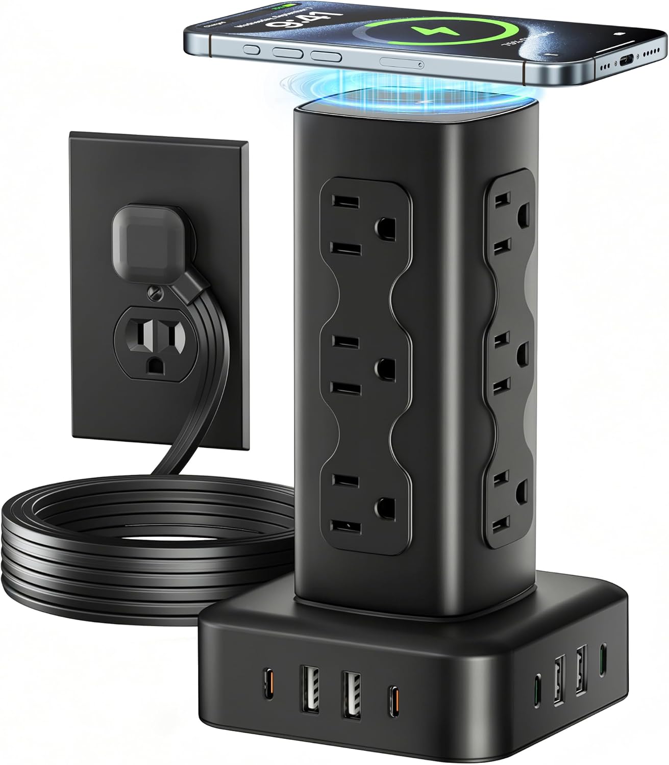 Power Strip Tower Surge Protector(2000J), Flat Plug Charging Station Tower with 12 AC Outlets & 4 USB Ports(2 USB C), 6FT Extension Cord for Home Office Dorm, White