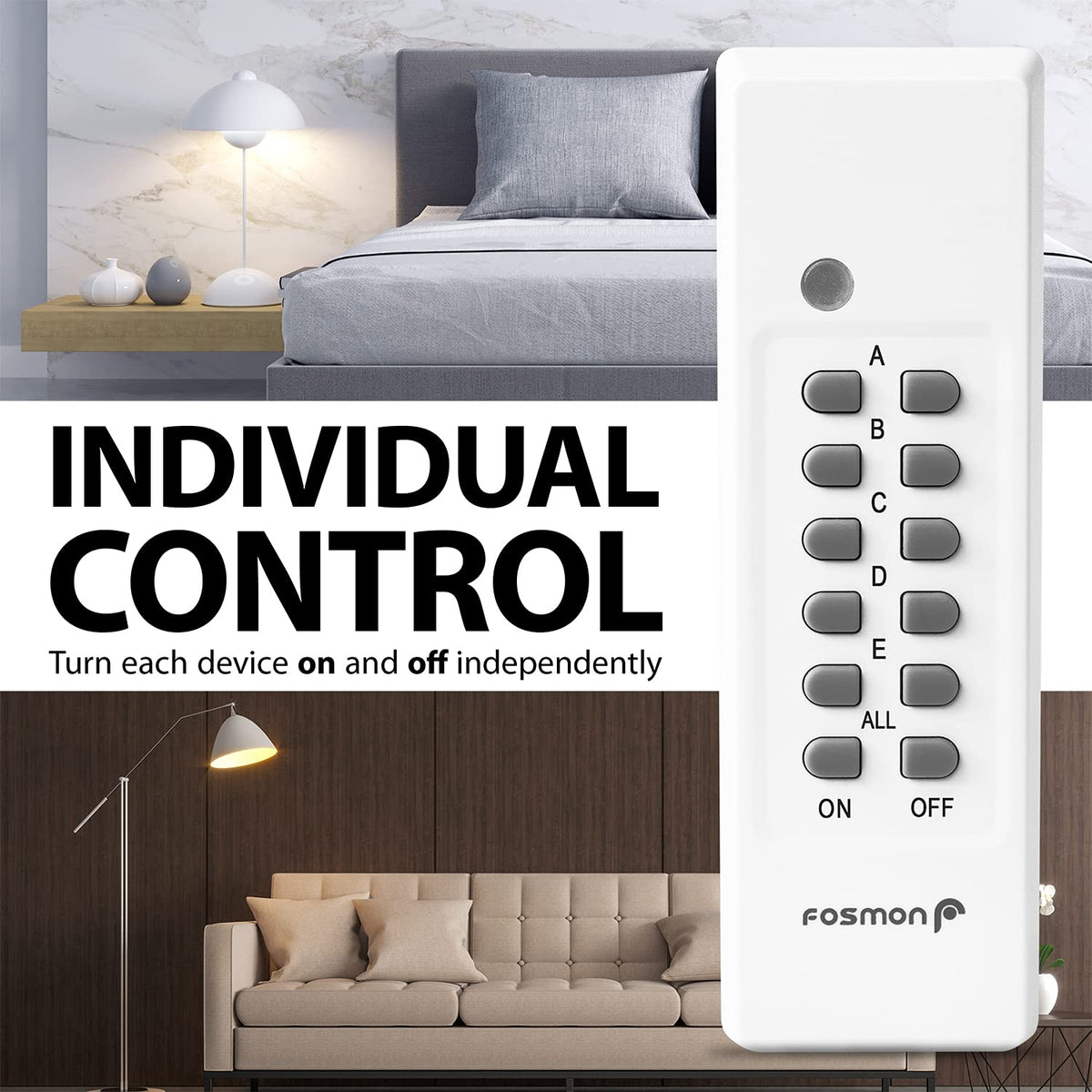 Fosmon Wireless Remote Control Outlet Plug Indoor, Battery Operated On/Off Light Switch for Electrical Outlet, Fan, Christmas Tree, No Interference, 15A/1875W, No Wiring & Expandable- 5 Pack