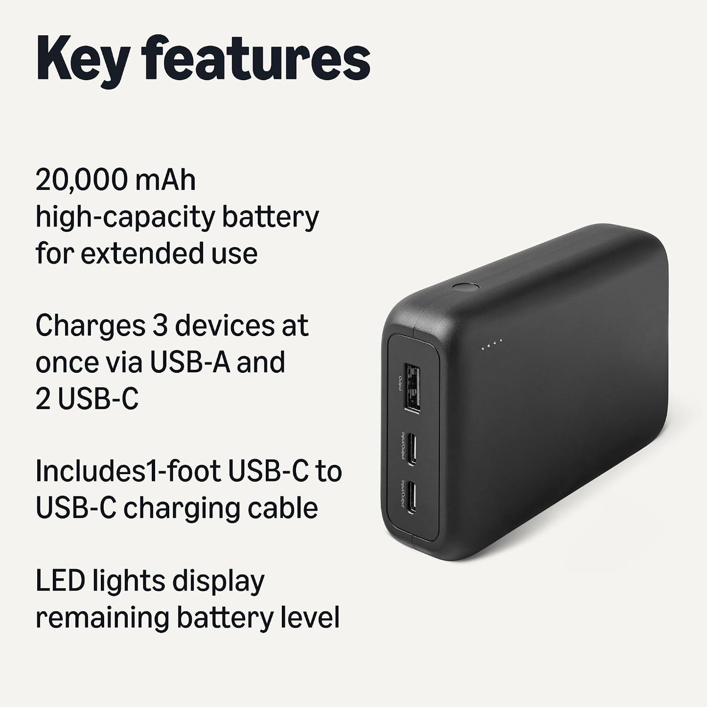 Amazon Basics High-Capacity Portable Charger Power Bank with 3-Port Output, 20,000 mAh, Black