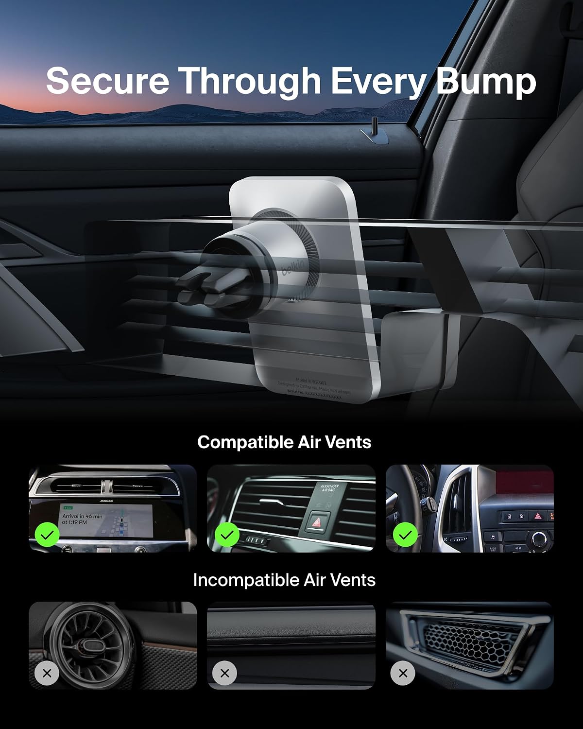 Belkin Magnetic Vent Mount Pro, MagSafe-Compatible Phone Holder for iPhone | Car phone mount, iPhone 17/16/15, Pixel 10 compatible, air vent mount, hands-free driving, road trips