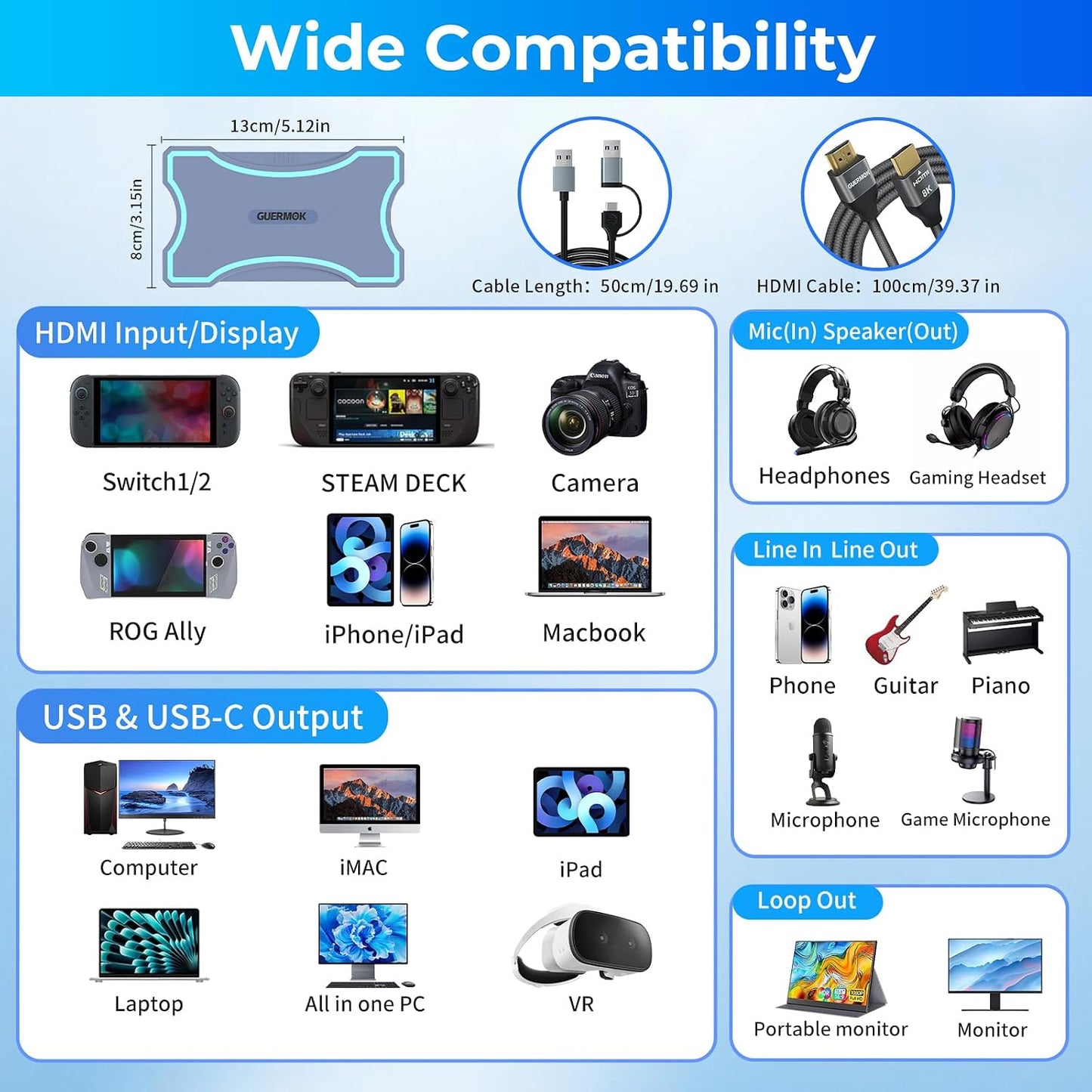 Guermok 4K@60Hz/ 2K@120Hz HDMI Video Capture Card with Touch LED, USB 3.0 | HDMI In/Loop-Out, Mic/Line In, 4K60 Passthrough, Live Game Capture for OBS Video Streaming, PS5/4, Xbox and Switch2/1 Gaming