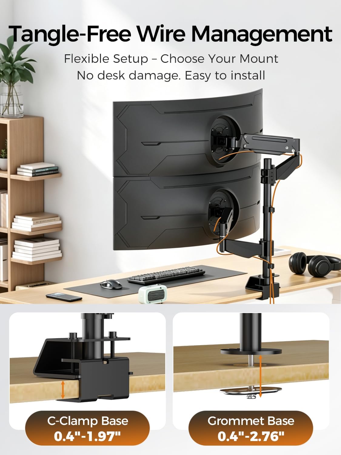 suptek Dual Monitor Arm Desk Mount for 17-49 Inch Ultrawide Monitors, Heavy Duty Dual Monitor Mount Holds 44 lbs, Full Motion Gas Spring Vertical Stacked Monitor Mount, 75/100 VESA Mount, Black