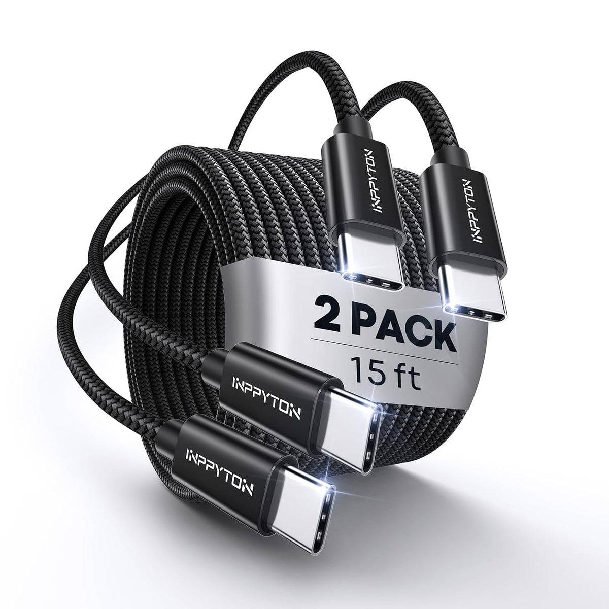 USB C to USB C Cable 15ft 2-Pack, 60W Fast Charging Long Type C Cable, Nylon Braided USB-C Charger Cord for iPhone 16/16 Pro/Max, 15 Pro Max, MacBook Pro, iPad Pro, Galaxy S24, Pixel 8 (PD Compatible)