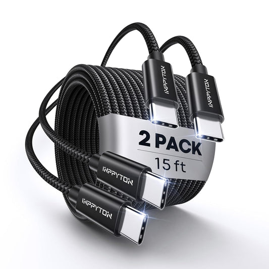 USB C to USB C Cable 15ft 2-Pack, 60W Fast Charging Long Type C Cable, Nylon Braided USB-C Charger Cord for iPhone 16/16 Pro/Max, 15 Pro Max, MacBook Pro, iPad Pro, Galaxy S24, Pixel 8 (PD Compatible)