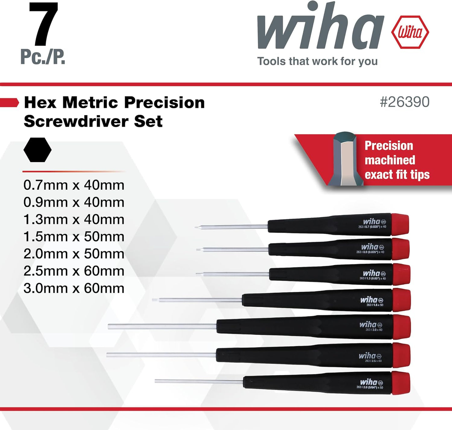 Wiha 26390 Screwdriver Set, Hex Metric With Precision Handle, .7 - 3.0mm, 7 Piece, original version, one size | .7-3.0mm, Original Version, One Size