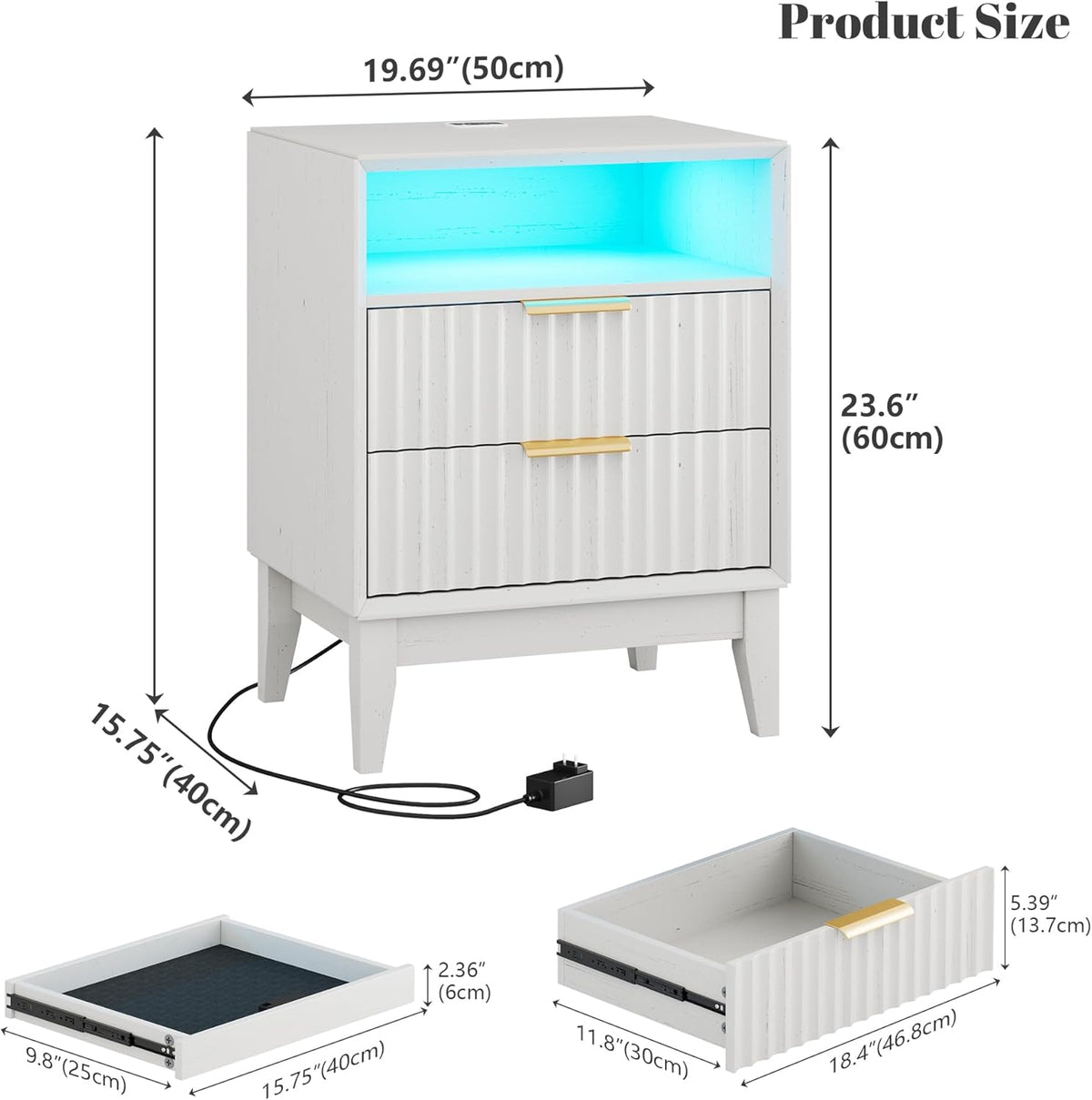 LVSOMT 24“ W Fluted LED Nightstand with Charging Station, RFID Lock, White