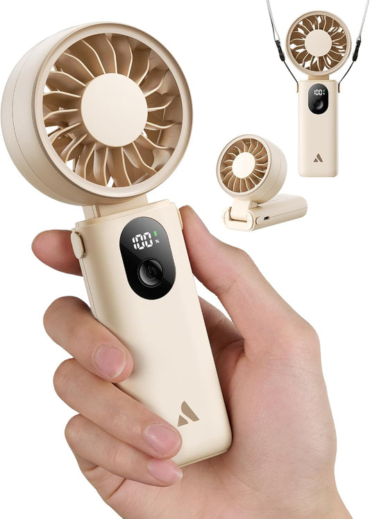 Aecooly Mighty Portable Handheld Fan | 20H Max Cooling | 3 Flexible Modes | 5 Speeds Wind | Battery Level Display | Mini USB Rechargeable Personal Battery Powered Fan Travel Gifts for Women -Beige