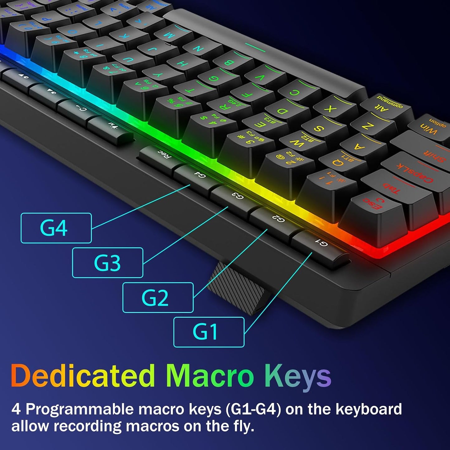 Redragon Wireless Gaming Keyboard, RGB Backlit, Portable 60% Design, Black | Bluetooth/2.4GHz/USB-C Wired, Mini Quiet Macro Membrane Keyboard, Rechargeable 4000mAh Battery, Anti-Ghosting for Win/MAC