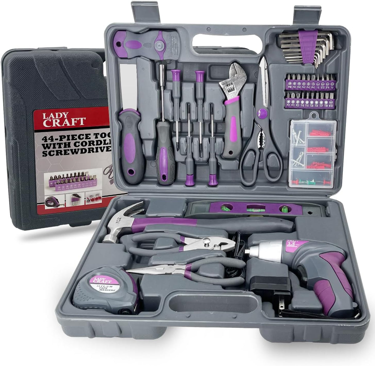 4V Cordless Screwdriver Tool Kit Set Purple Tool Lady 44PCS | Home tool set,small DIY projects, lightweight design,right weight for women,women/girls gift,storage case
