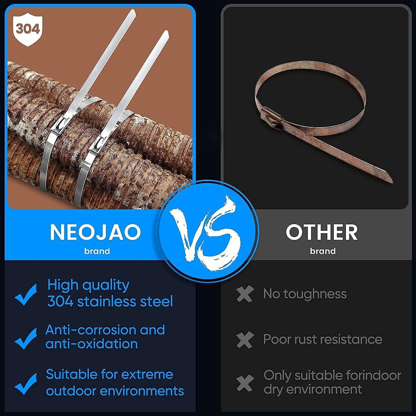 Metal Zip Ties Heavy Duty 11.8 Inch 304 Stainless Steel Cable Tie | 100 Pcs All-Weather Fastener Straps for Chain Link Fence, Exhaust Wrap &amp; Outdoor Wire Mesh