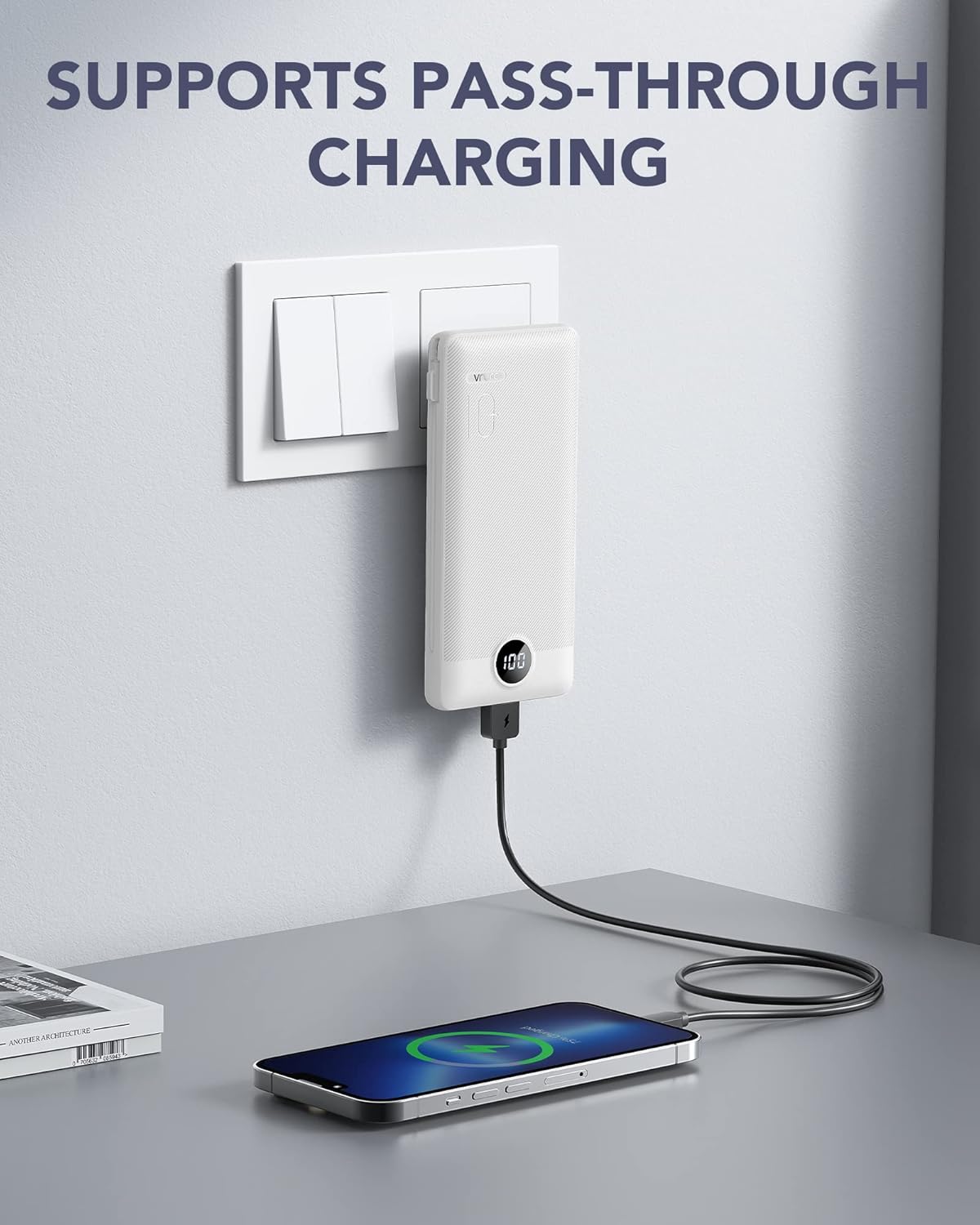 VRURC 3-in-1 Portable Charger, Built-in Cord & Foldable Wall AC Plug-White | 10000mAh Portable Power Bank, Travel Battery Pack for Smartphones, USB-C Emergency External Charger for Trip- (1 PACK)