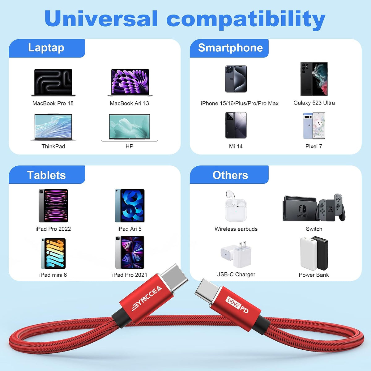 Bynccea 4-Pack USB C to USB C Cable 10ft C to C Cable Fast Charging C Cable, 60W(5A) Nylon Braided Type C Cables for Phone 17/16/15 Series Samsung S24/23