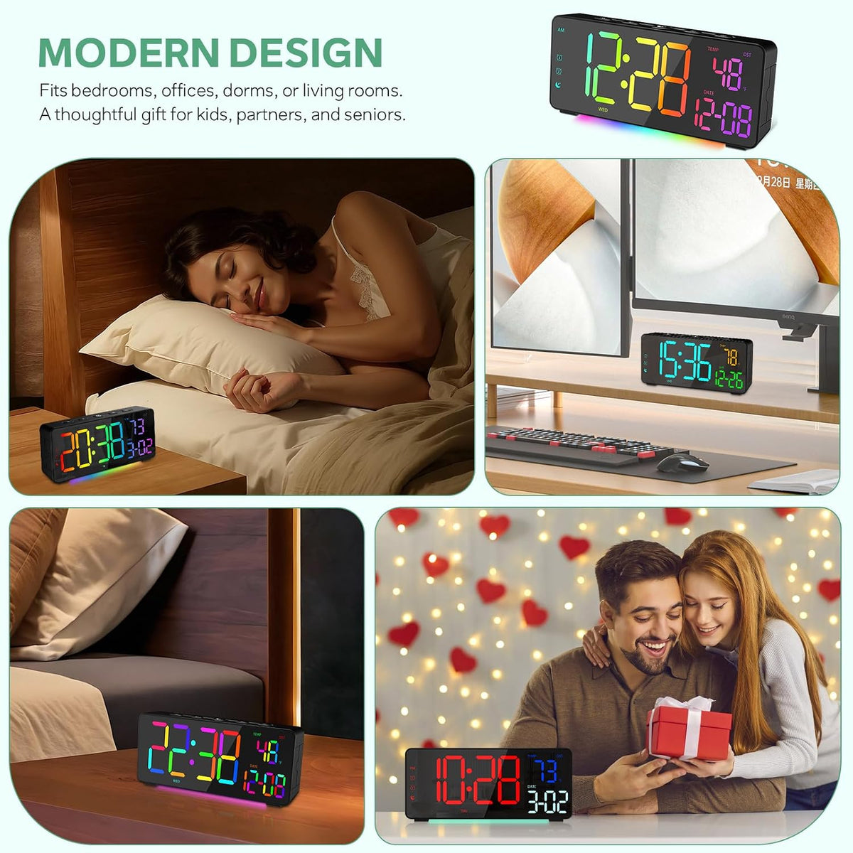 Digital Alarm Clocks for Bedrooms, RGB Desk Clock with 15 Color Display, Date Temperature and Weekday, DST, Snooze, 2 Alarms, Ambient Lighting for Living Room, Bedside Office Gaming Desk Decor