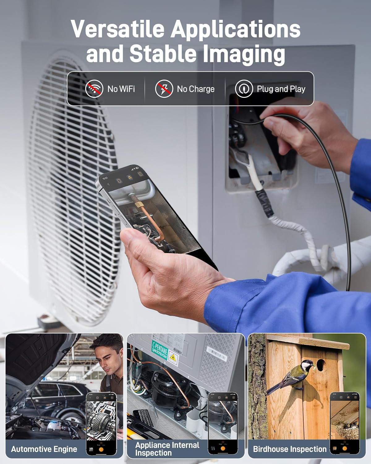 Anykit Endoscope Camera with Light, 1920P HD Borescope | with 8 Adjustable LED Lights,Semi-Rigid Snake Camera, IP67 Waterproof Inspection Cam for iPhone & Android, 9.8 ft Single Lens