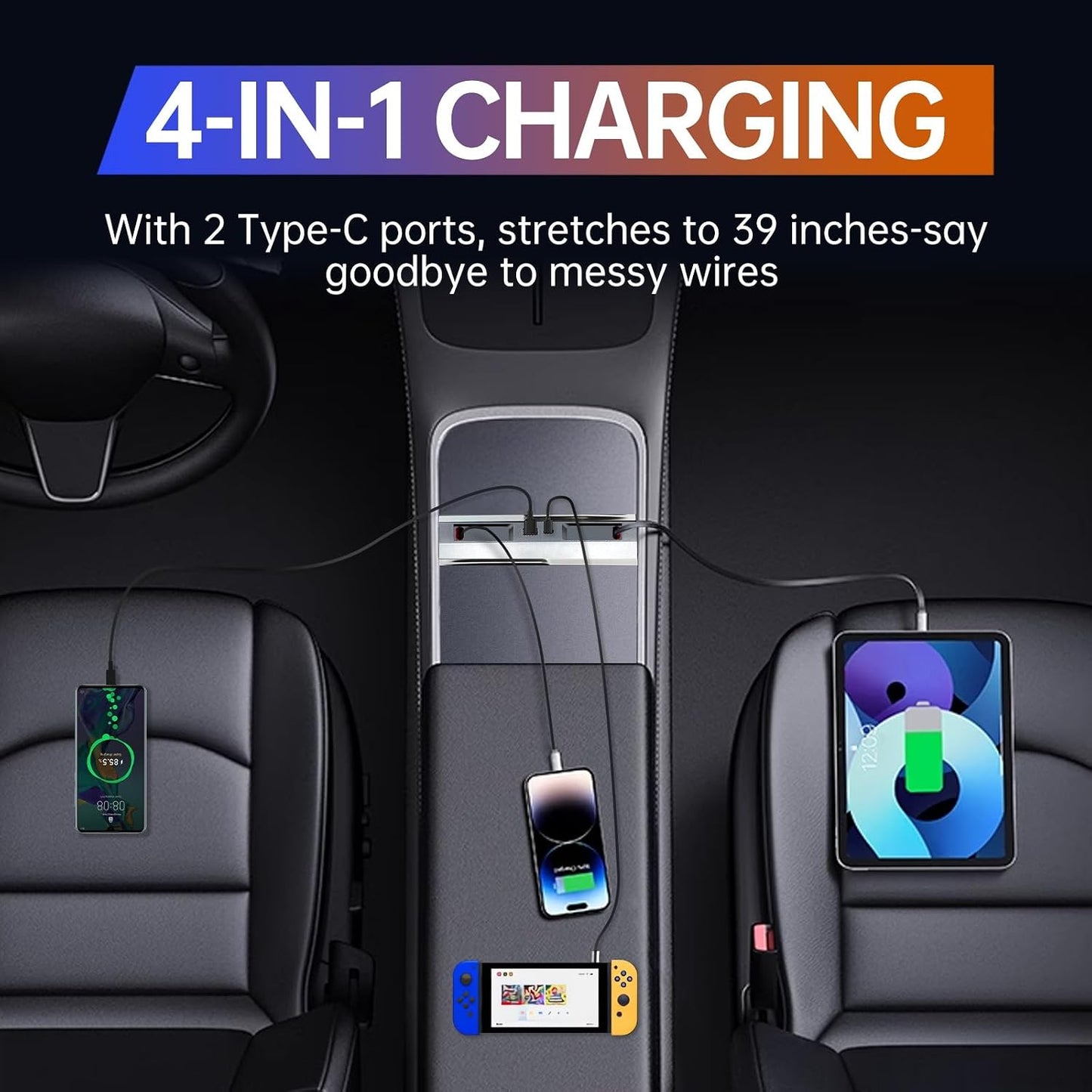 USB Hub for Tesla Model Y Juniper Model 3 Highland Model Y L | Fits 2025-2026 Juniper 2024-2025 Highland Y L, 119W Fast Charging, Dual Retractable Type-C Cables, Sliding Cover Console Dock