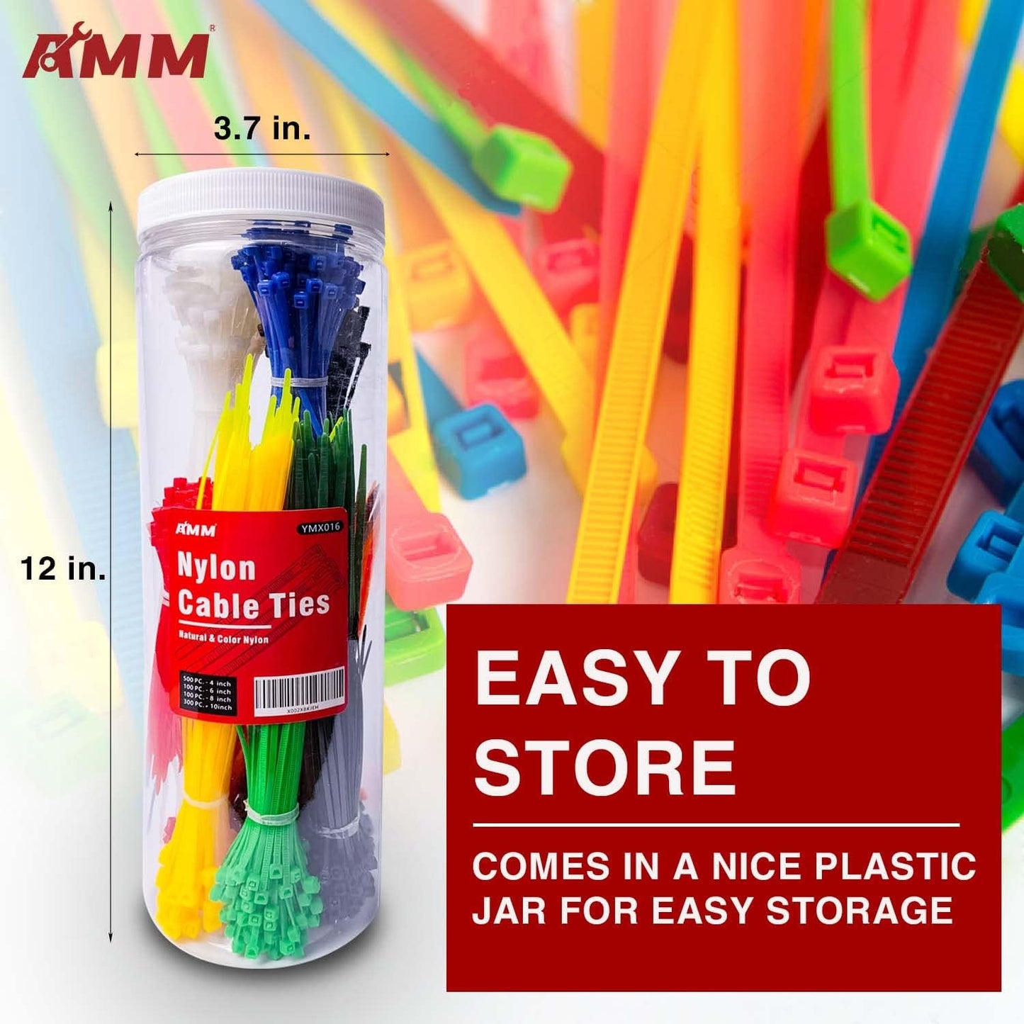 AMM Cable Zip Ties，1000 Pack colored zip ties Assorted Sizes 4, 6, 8 and 10 inches with a plastic storage jar，Multi-Purpose Self-Locking Nylon Cable Ties Cord Management Ties,Wire Ties for Home,Office