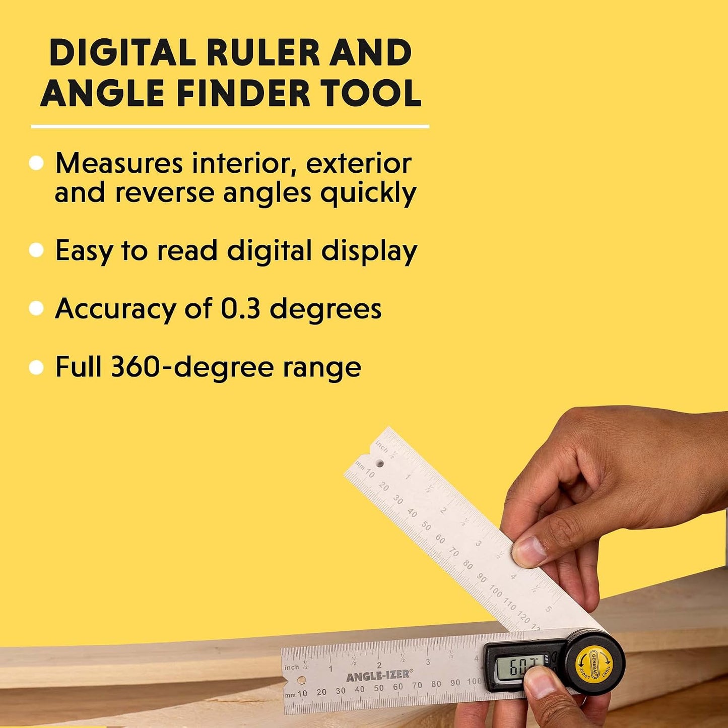 General Tools Digital Angle Finder Ruler #822 - 5" Stainless Steel Woodworking Protractor Tool with Large LCD Display