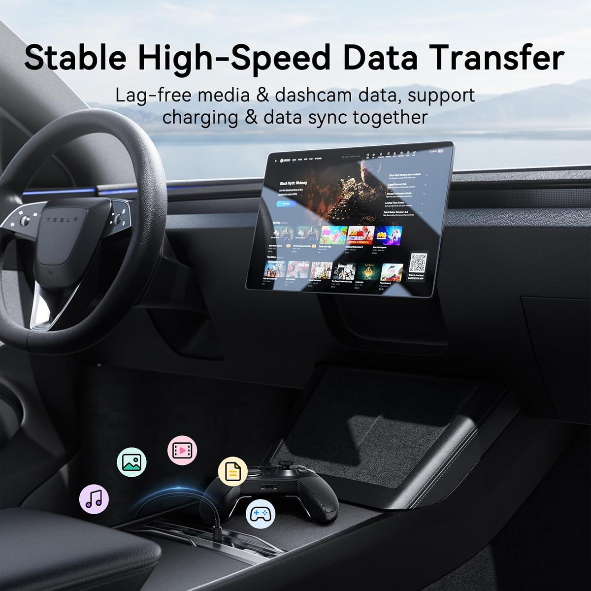 USB Hub for Tesla Model Y 2025-2026 and Model 3 2024-2026, Center Console Docking Station with Dual Retractable Charging Cables, USB-A and USB-C Fast Charging Ports, Tesla Accessories