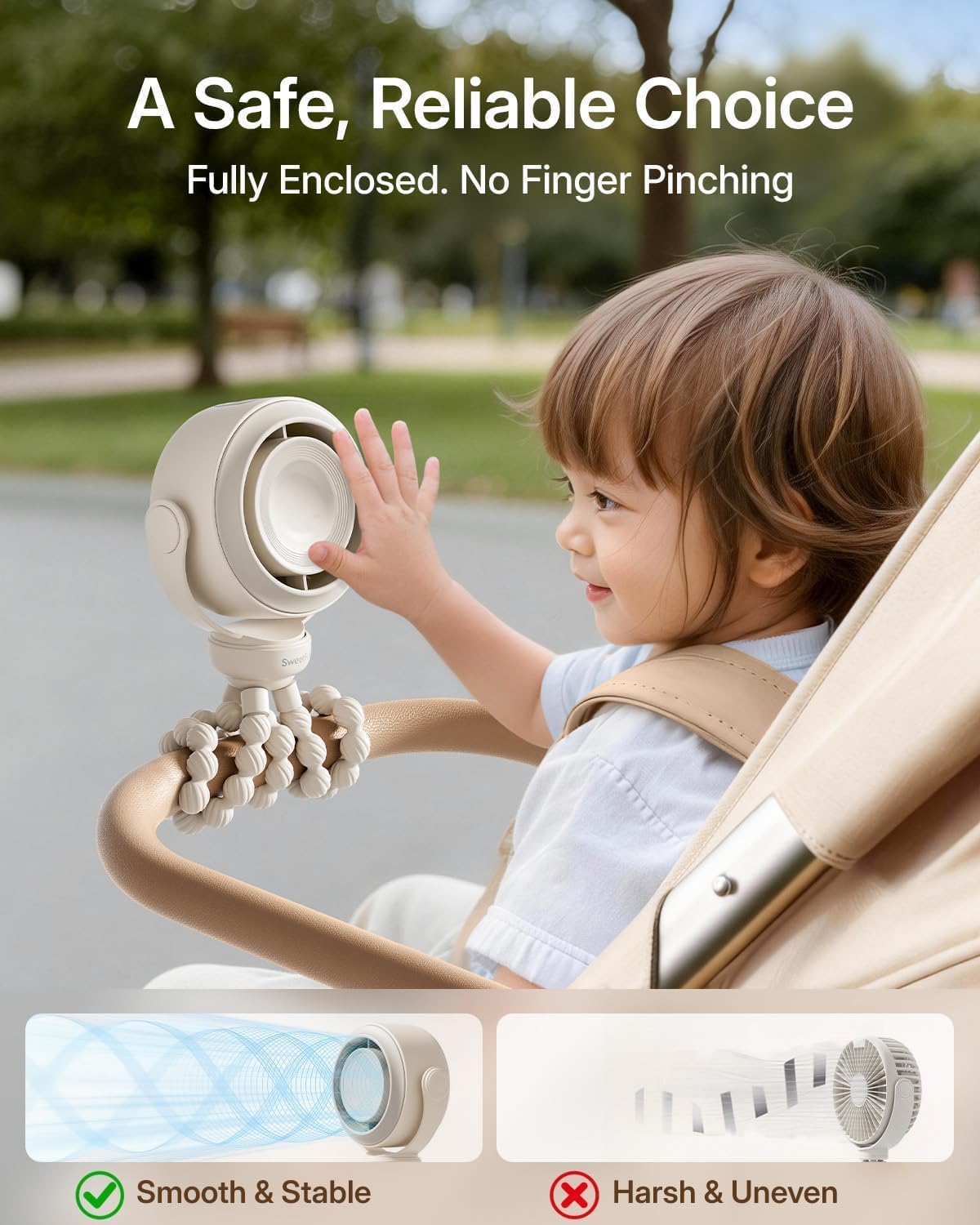 SWEETFULL Portable Stroller Fan, Pinch-Proof Baby Fan - Cream | Wide Turbine Airflow; Safe Design; LED Display; 5-Speed; 30dB Quiet; USB-C Rechargeable; Mini Clip On Fan for Car Seat & Bed