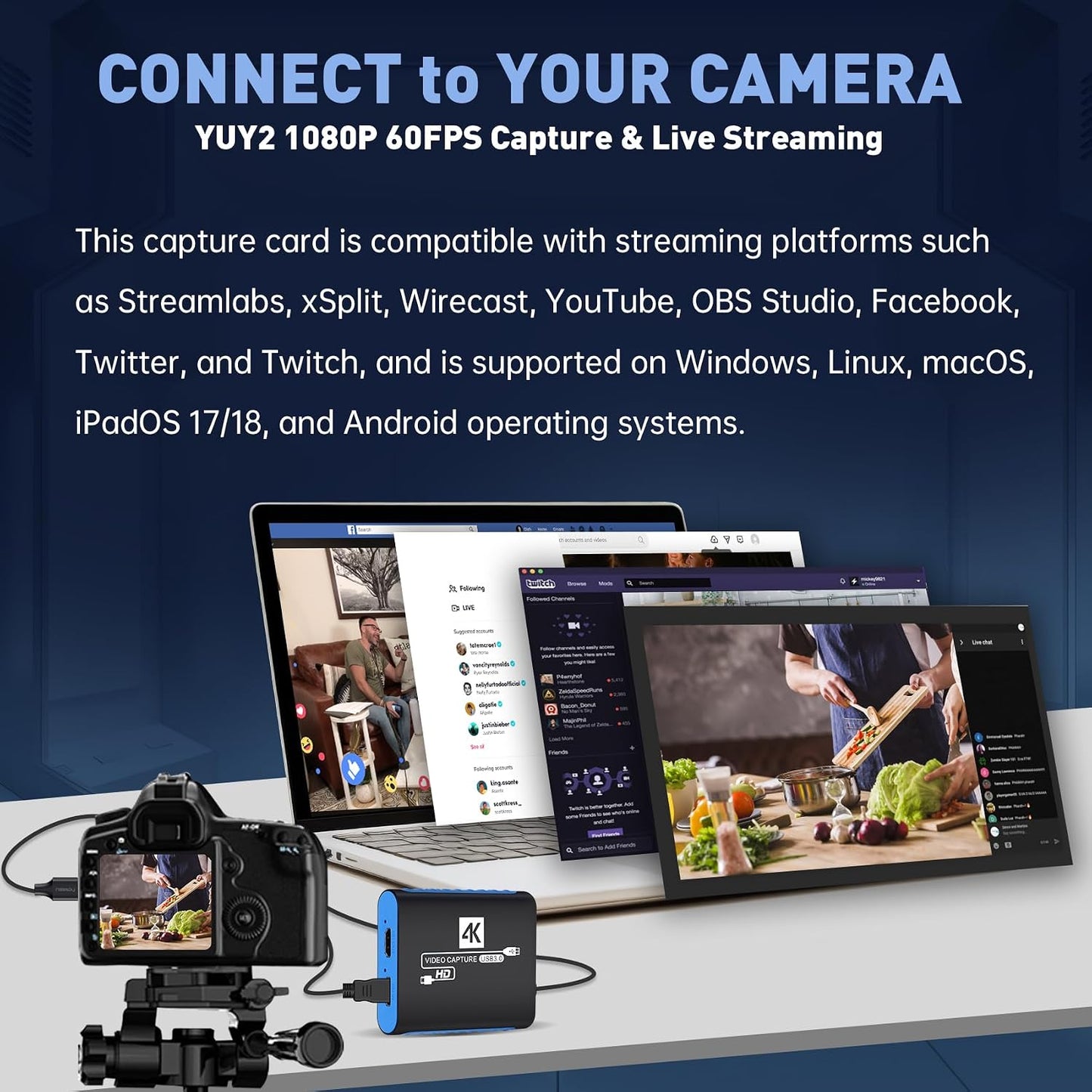 USB Capture Card for Streaming, YUY2 1080P 60FPS for Switch/PS5/Xbox/DSLR | 4K HDMI Pass-Through, 3.5mm Mic-in, Plug & Play No Drivers, for OBS Twitch YouTube, Windows/Mac Compatible