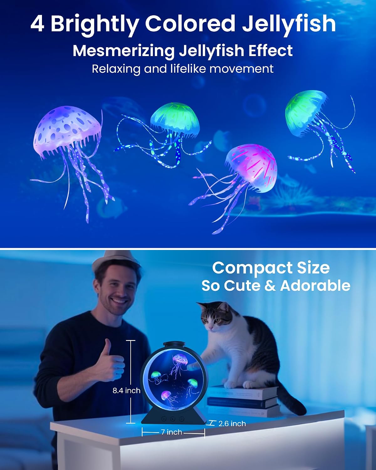 Jellyfish Lamp for Sleep Anxiety Calming Night Light for Bedroom(Black) | Whisper-Quiet Sensory | 7 Soft Color Modes | Adjustable Water Flow | 8H Auto-Off Timer | Rounded Tank Lamp Gift for All Ages