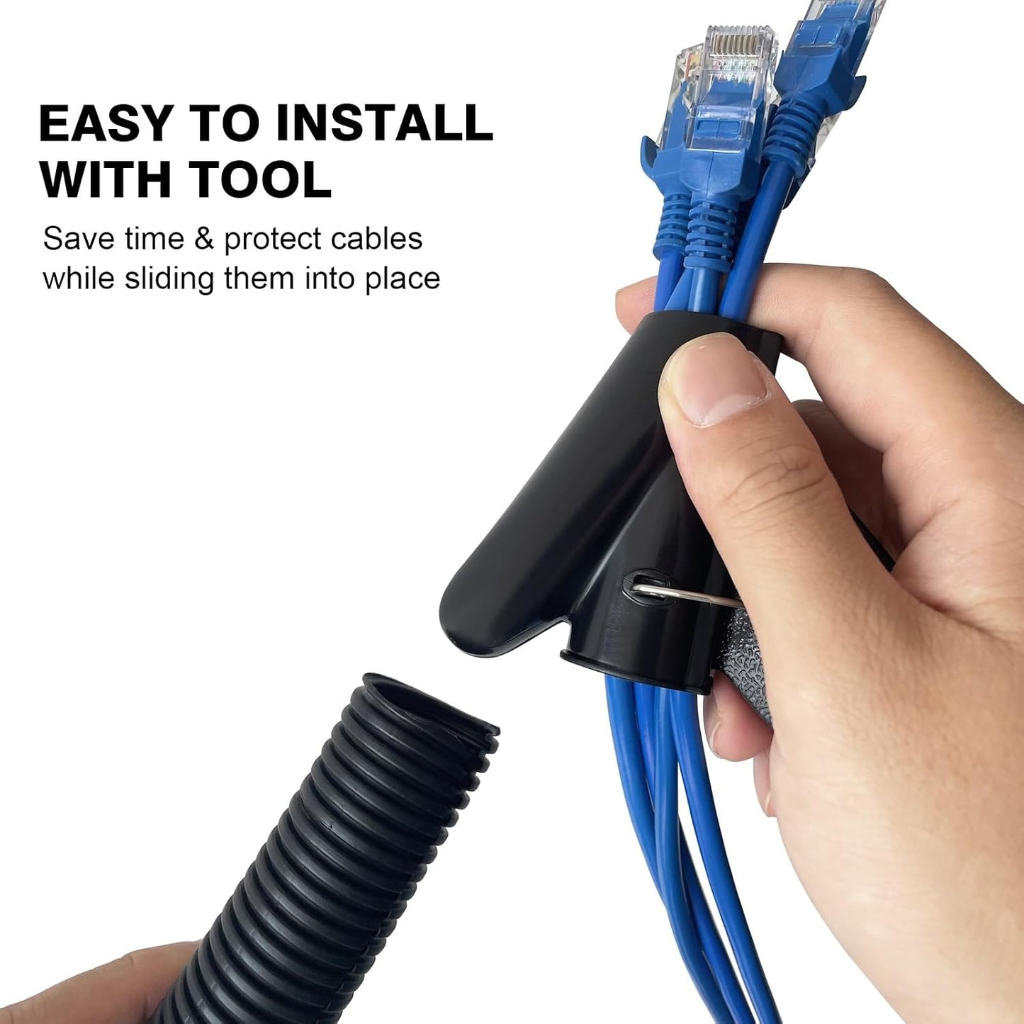 25FT - 1/2 Inch Split Wire Loom with Installation Tool - Black | Easy to Install, Flame-Retardant, Abrasion-Resistant Wire Cover for Automotive, Home & Office