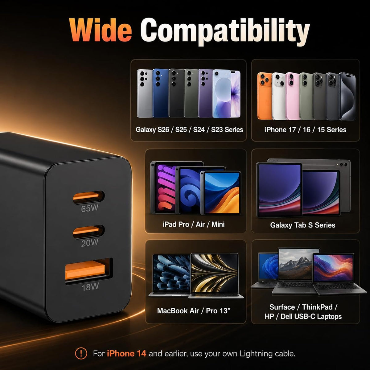 65W Super Fast Charger PD3.0&amp;6/10FT USBC Cable for Samsung Galaxy S26 Ultra | 3-Port GaN Type-C Charging Block PD/QC 3.0 for Galaxy S25/S24/S23 Plus,Tab,MacBook, iPhone 17 Pro Max,Android, 3/6/10FT Cord