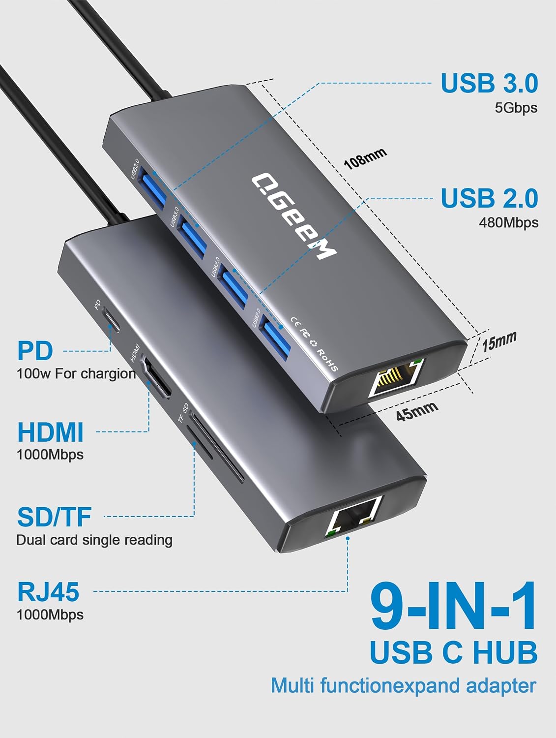 USB C Hub, 9 in 1 USBC to HDMI Adapter for Laptop/Mac Type C Devices