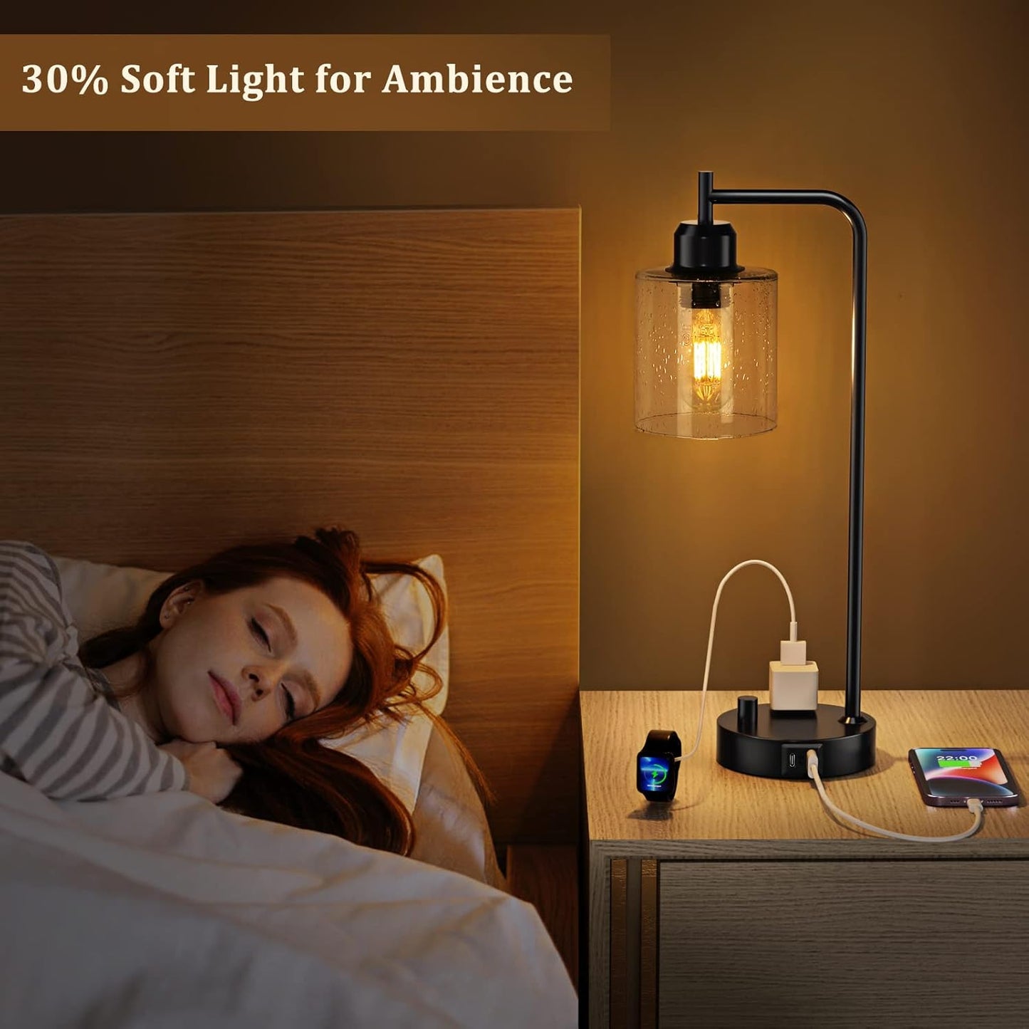Industrial Desk Lamp, Fully Dimmable Small Bedside Table Lamp, Black, USB C | Glass Shade, USB C+A Charging Port & Outlet, Lamps for Bedroom, Night Stand, Home Office, Living Room