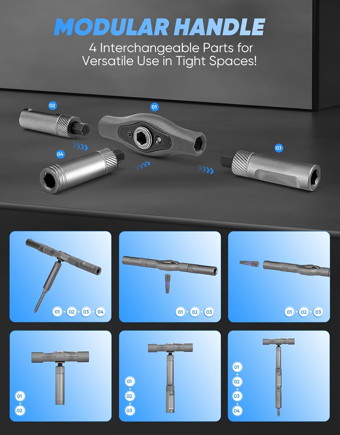 SakerPlus 42-in-1 Magnetic Ratcheting Screwdriver Set with T-Handle(Grey) | Ratcheting handle with T-handle design helps improve grip, torque, and control during repairs,DIY Repair Kit
