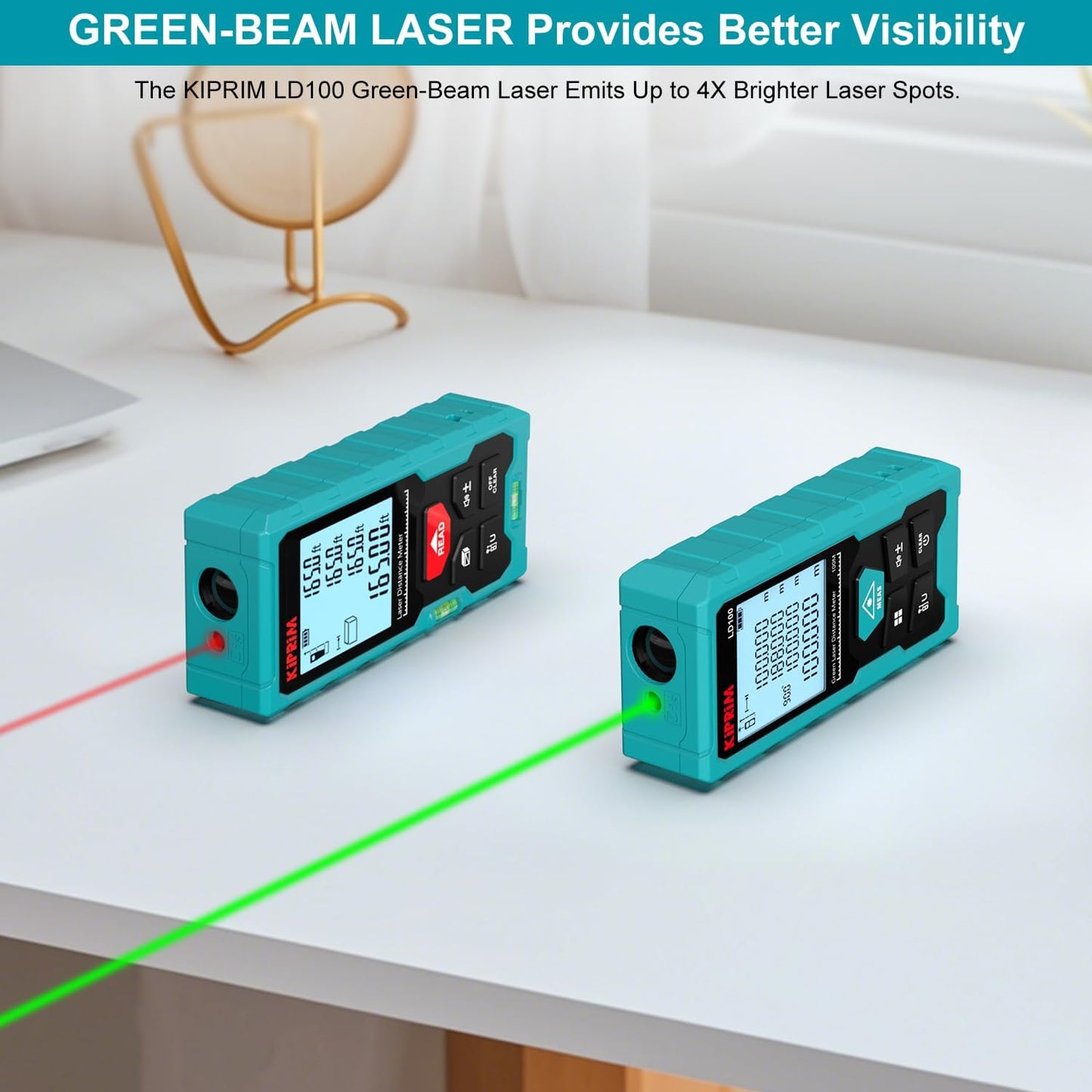 Kiprim LD100 Green Laser Distance Meter,328ft,Rechargeable,Electronic Level | Boasts high precision of ±1/16 inch; built-in electronic level assists horizontal and vertical measuring work.