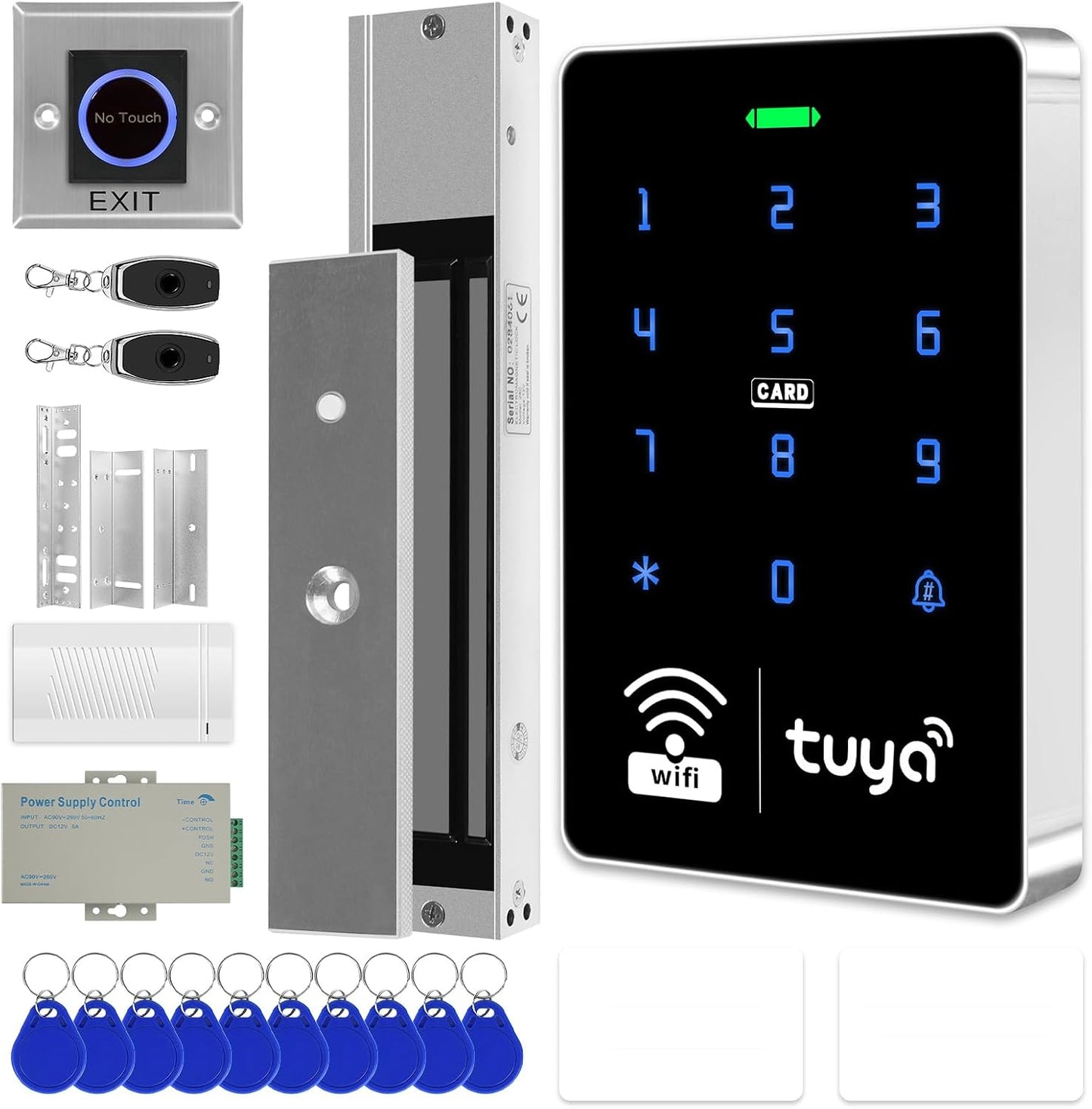 WiFi TUYA Complete Security Access System Kit with Waterproof RFID Touch Keypad Door Lock, Smart Remote Door Opener, App，600-Pound Electric Magnetic Lock + ZL, Metal Sensor Switch, Doorbel