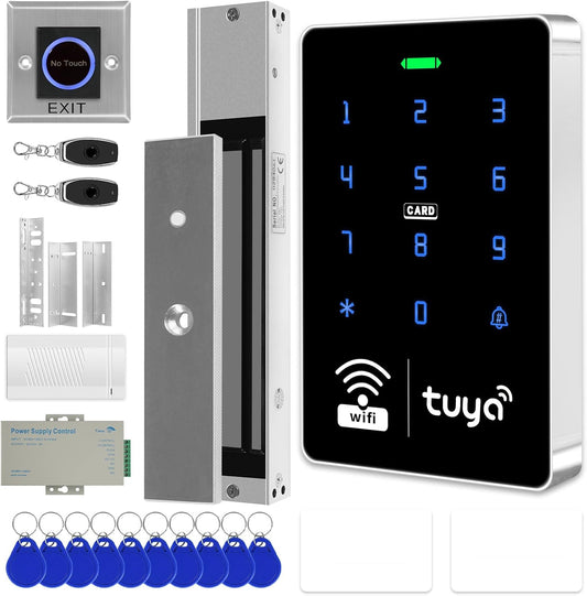 WiFi TUYA Complete Security Access System Kit with Waterproof RFID Touch Keypad Door Lock, Smart Remote Door Opener, App，600-Pound Electric Magnetic Lock + ZL, Metal Sensor Switch, Doorbel