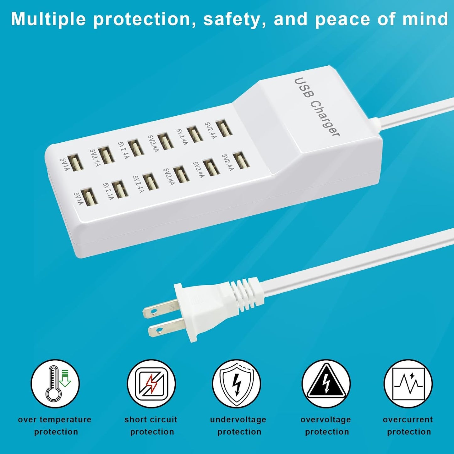 USB Charging Station 12 Port Multiport hub Fast Charging Power Strip | Compatible with Cell Phones Tablets Laptops for Multiple Devices for iPhone, Galaxy, Pixel, Tablet, Camera （12 USB Ports）