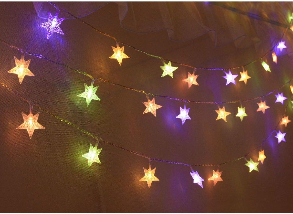 25ft 50 LED Multicolor Star String Lights for Bedroom Decorations, Battery Operated Led Christmas Lights for Apartment Dorm Room Decor(Remote/Timer/Warm White Multicolor Combination)