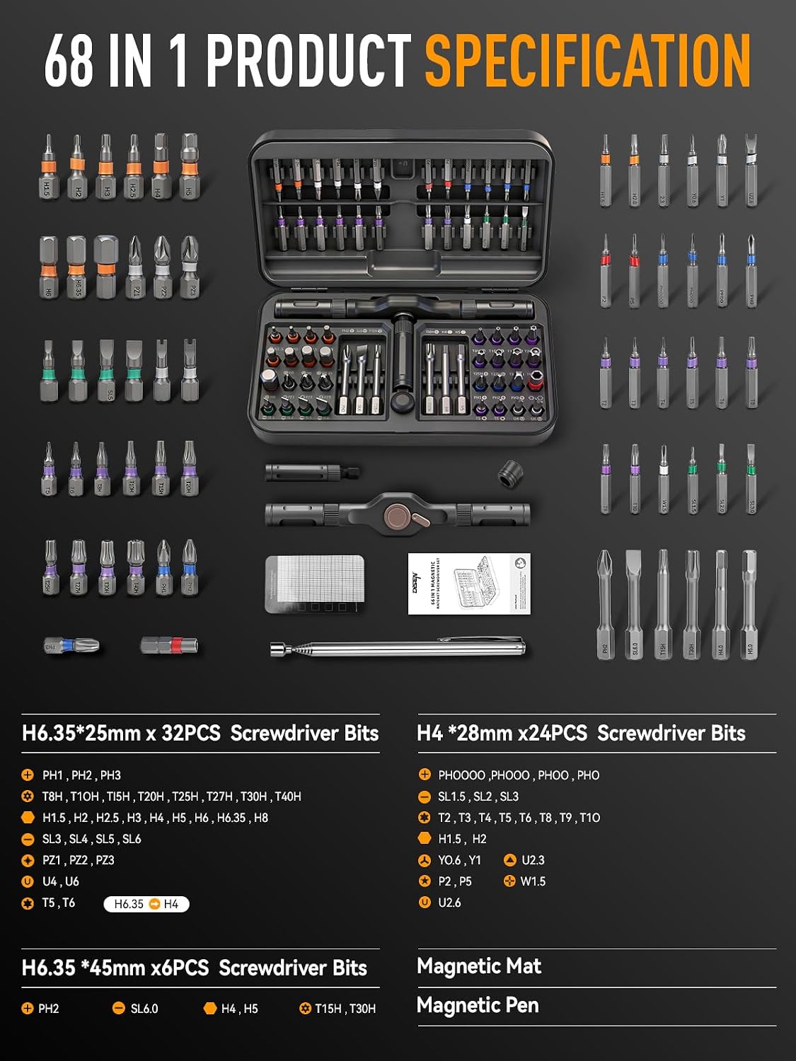 DISEN 68PC Ratcheting Screwdriver Set T-Handle 42 Bits S2 Steel | 58-Tooth ratchet | Magnetic pickup & pad | T-handle grip |For laptop, PC, game console, furniture, bike| Storage case
