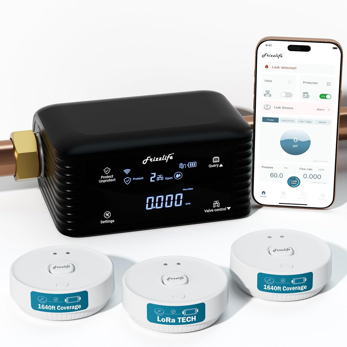 Frizzlife LPG365-P Smart Water Automatic Shutoff Valve W/ 3 Leak Sensors, 0.01 GPM Ultrasonic Micro Leak Detection,Wi-Fi/App Enabled Flow Meter, Pressure+Flow Monitor, 24/7 Water Usage Reports,3/4"＆1"
