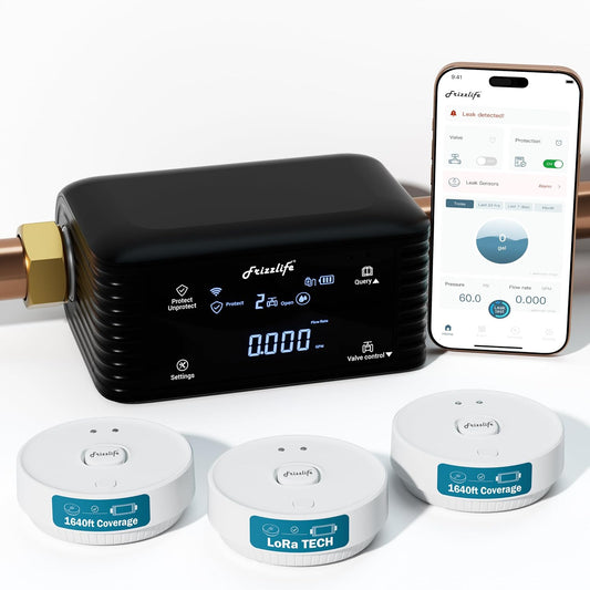 Frizzlife LPG365-P Smart Water Automatic Shutoff Valve W/ 3 Leak Sensors, 0.01 GPM Ultrasonic Micro Leak Detection,Wi-Fi/App Enabled Flow Meter, Pressure+Flow Monitor, 24/7 Water Usage Reports,3/4"＆1"