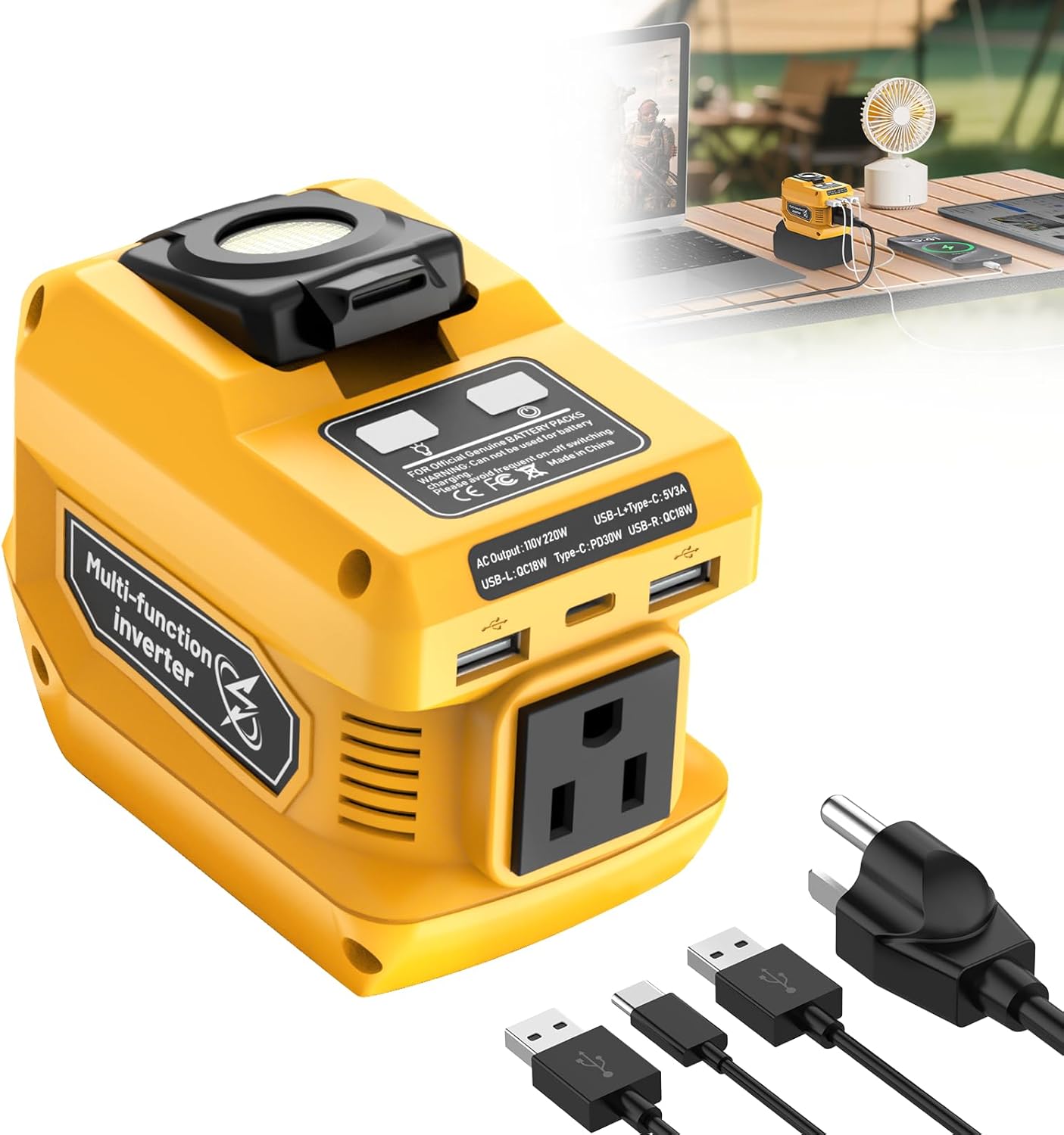 220W Portable Power Inverter Compatible with Dewalt 20V Battery | DC 20V to AC 110V Battery Inverter, 400LM LED Light, 1 AC Outlet, 2 USB & 1 Type‑C Fast Charging (Battery Not Included)