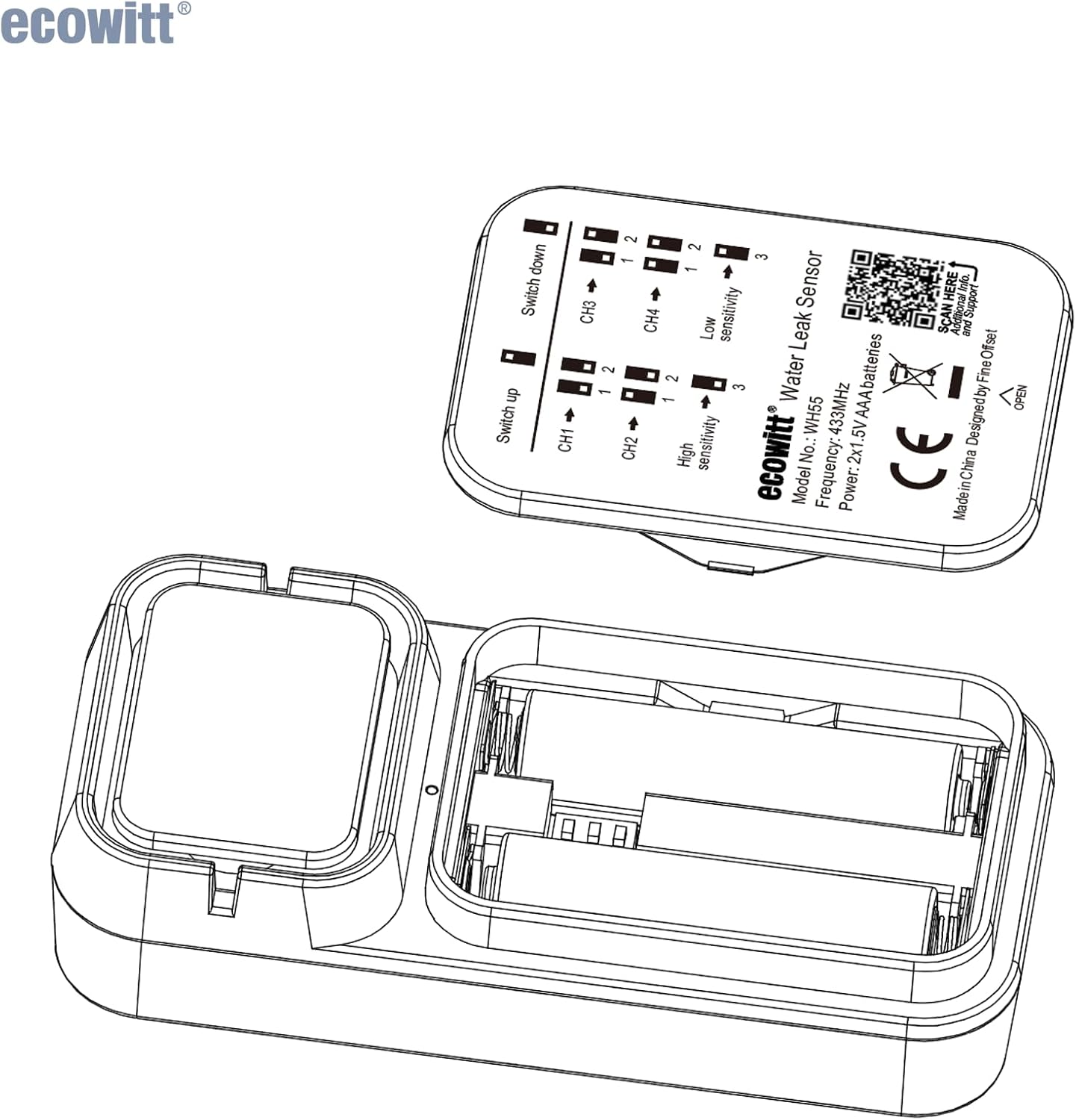 Ecowitt WH55 Wireless Water Leak Detection Sensor with Loud Audio Alarm