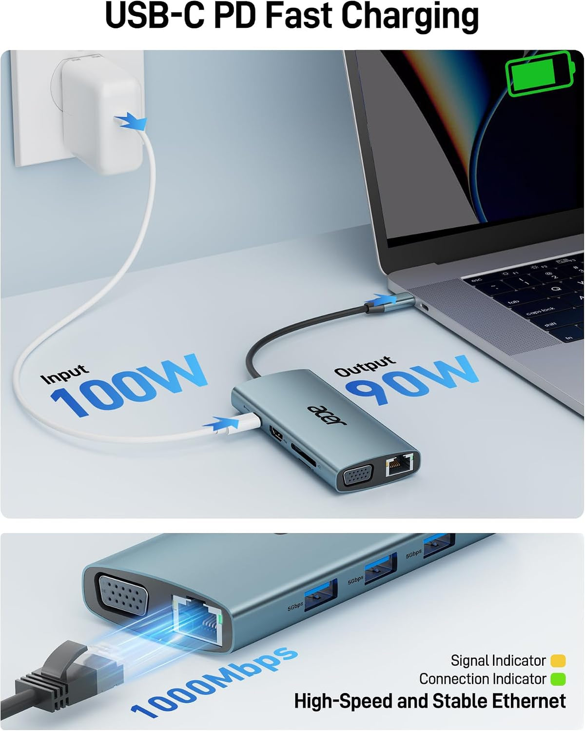 Acer USB C Hub with 4K HDMI, 9-in-1 Laptop Docking Station with 1080P VGA