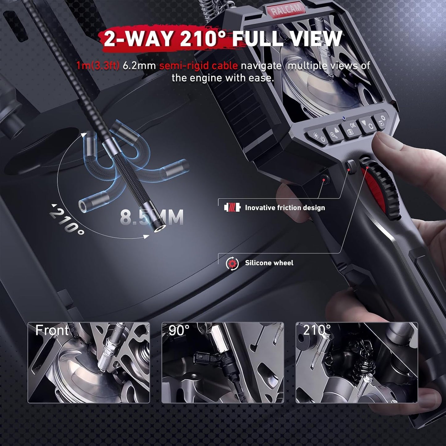 Two-Way Articulating Borescope with Light, Slim Probe | HD Endoscope Camera with Light 0.24in/6.2mm Inspection Endoscope Camera 3.3 FT Semi-Rigid for Automotive Aircraft Mechanics