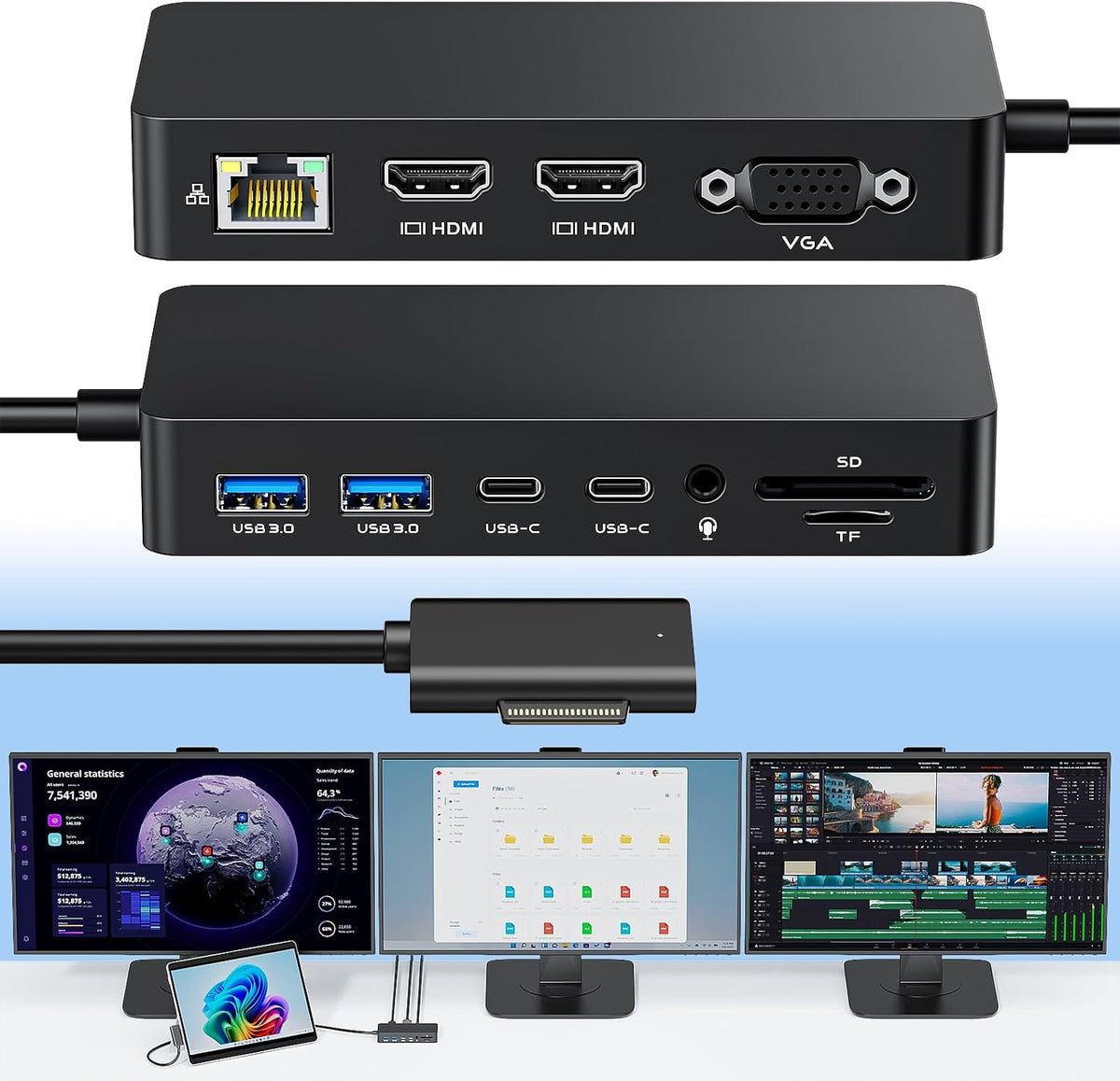 Surface Pro Docking Station with Three Displays 2*HDMI + VGA