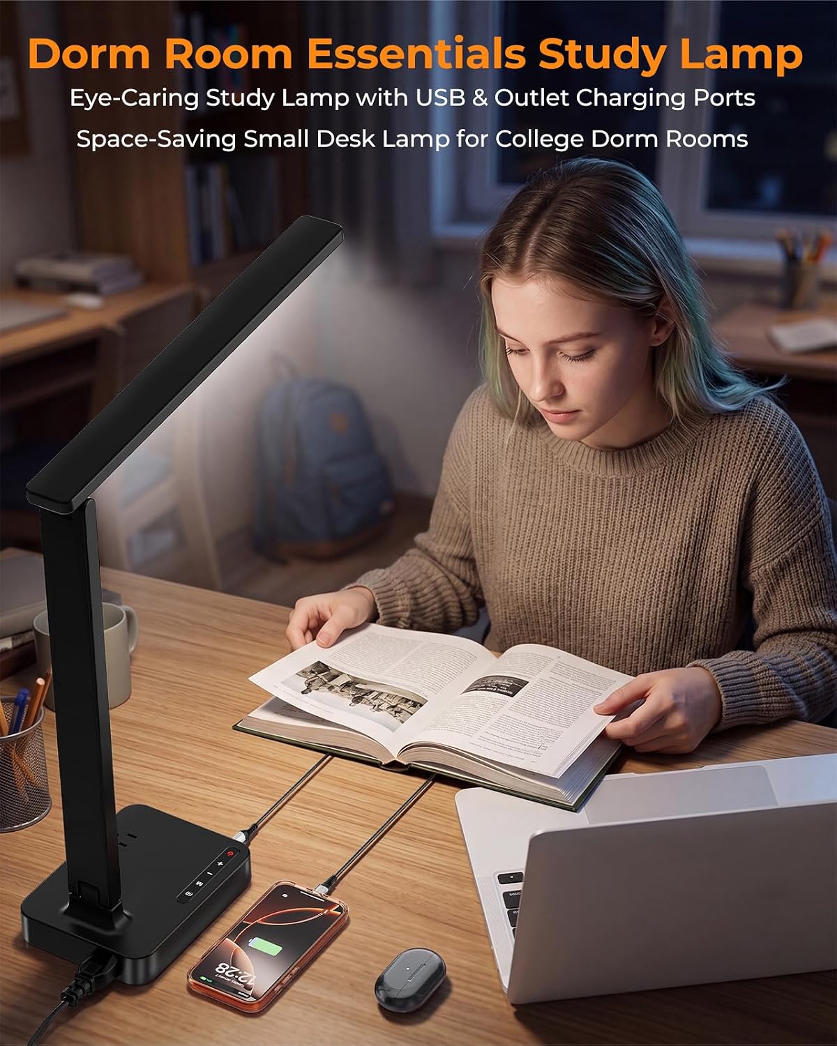 cozoo LED Desk Lamp for Dorm Office, USB-C & 2 AC Outlets Charging, Black | 2 USB Charging Ports(1 USB-C), 2 AC Outlets, 3 Lighting Mode, 3 Level Brightness Modern Foldable LED Desk Lamp for Dorm Room
