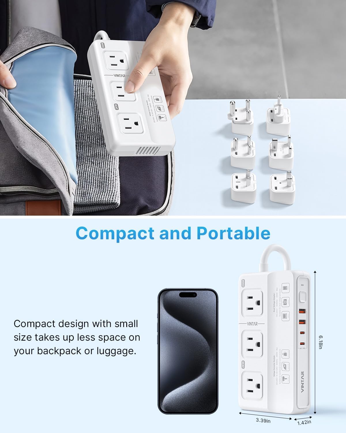 VINTAR 220V to 110V Converter, 2000W Travel Voltage Converter US to Europe | Universal Travel Adapter, 4 USB Ports(2 USB C), Step Down Transformer, Power Converter Adapter Combo for EU UK JP AU India SA