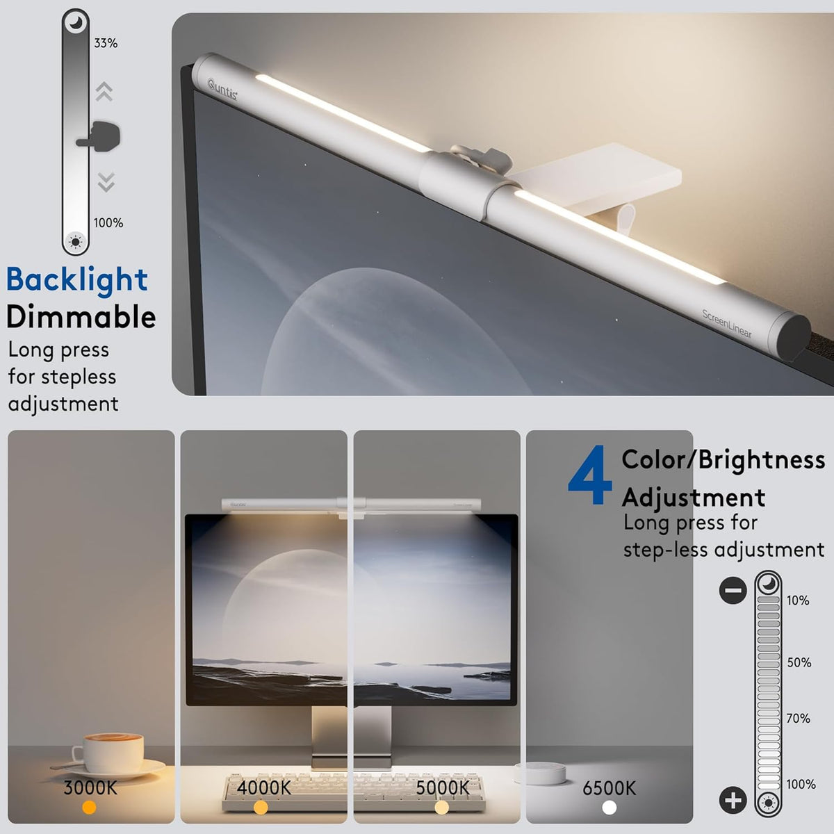 Quntis White Monitor Light Bar with Backlight, Desk Light with Remote