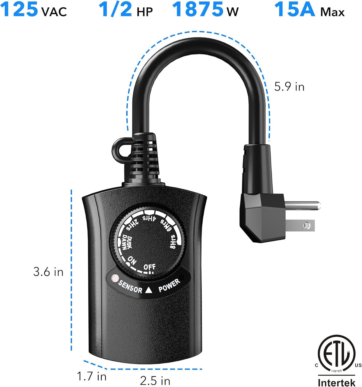 HBN Outdoor Light Timer Waterproof, Weatherproof Photocell Dusk to Dawn Light Sensor,2/4/6/8 Countdown Timer, 1 Grounded Outlet for Christmas Lights，Hallowen Deceration，1875W 15A 1/2HP