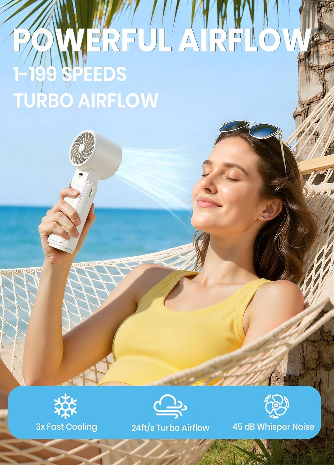 Portable Handheld Turbo Fan, 1-199 Speed Adjustable, White | 4 IN 1 Pocket Design with LED Display, High-Power Motor, Rechargeable Battery, Mini Fans for Indoor/Outdoor/Travel/Work