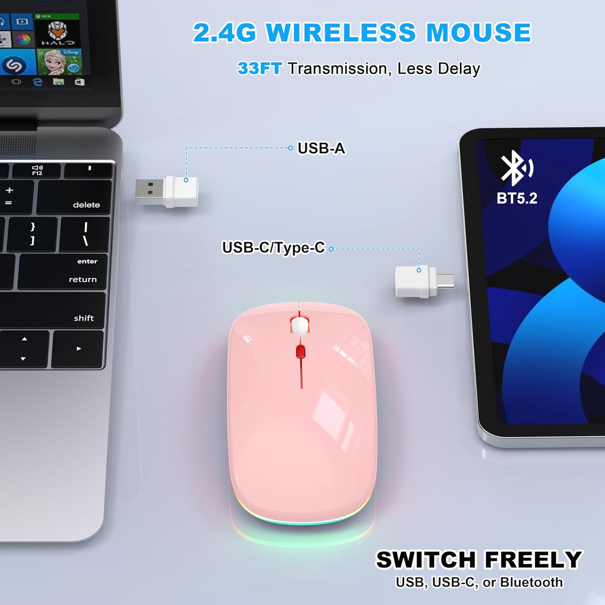 LED Bluetooth Wireless Mouse for MacBook Air Mac Pro Laptop iPad–Baby Pink